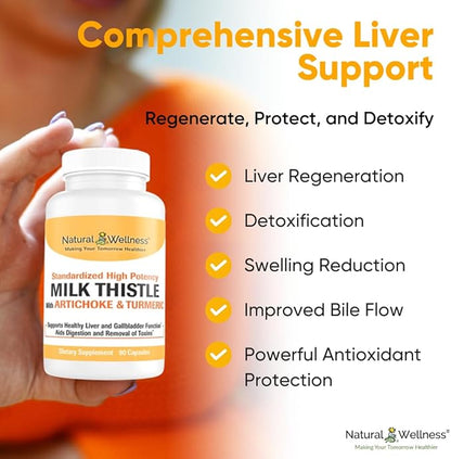 Natural Wellness Milk Thistle with Artichoke & Turmeric - Comprehensive Liver Support Supplement - Regenerate & Improve Liver Function, Protect from Toxins & Free Radicals