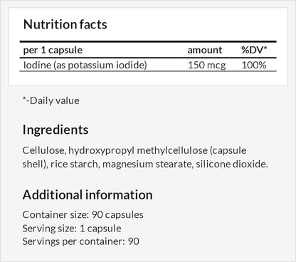 Potassium Iodide 150 mcg per Capsule - 90 Vegan Capsules - 3 Months Supply - for Optimal Gland Function and Energy Metabolism - Diet Supplement by Apollo's Hegemony