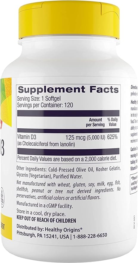 Healthy Origins Vitamin D3 (Lanolin) 5,000 IU - Bone Health and Immune Support Supplement - Easily Absorbable Vitamin D Supplements - Gluten-Free Vitamin D3 Supplement - 120 Softgels