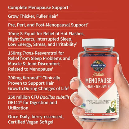 Garden of Life Herbals Menopause Supplement with S-equol & Trans-Resveratrol for Multi-Symptom Relief, Keranat for Thicker, Fuller Hair Growth – Non-GMO, Gluten-Free, Vegan, Berry Flavor, 30 Servings