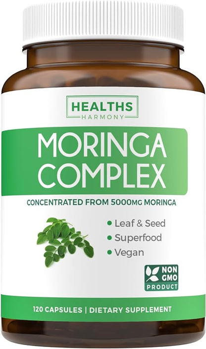 Moringa Capsules (4 Month Supply) High Strength 5,000mg Equivalent - Advanced Blend of Whole Herb Powder With 20:1 Seed and 10:1 Leaf Extract - Non-GMO Vegetarian Supplement - 120 Caps (No Oil or Tea)