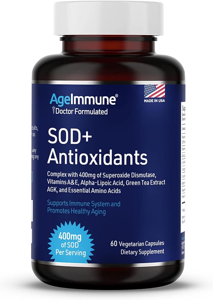 SOD Antioxidants Complex Healthy Aging Supplement - 400mg of Superoxide Dismutase - Alpha Lipoic Acid - L-Arginine -Lysine - AKG - Vitamin A - Vitamin E for Immune Support -60 Capsules