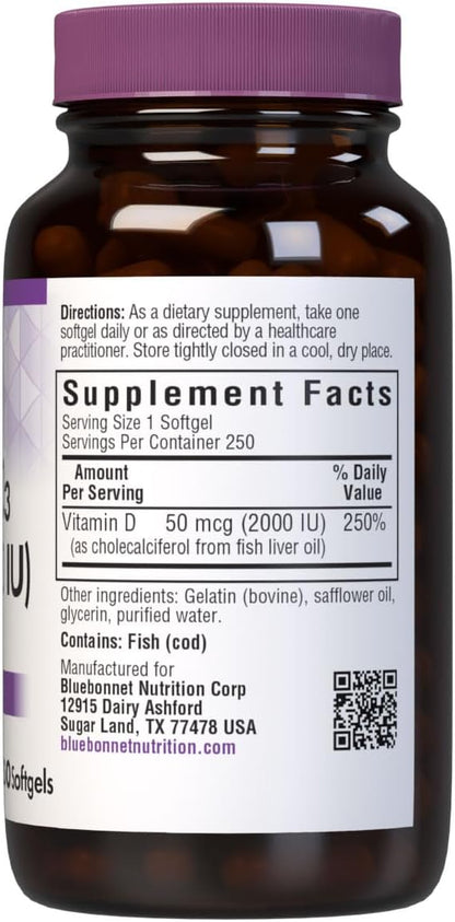 Bluebonnet Nutrition Vitamin D3 2000 IU50 mcg High Potency Immune Support, High Absorption Cold-Water Fish Liver Oil & Plant-Based Non-GMO Safflower Oil, Support Strong Bone, Gluten-Free, 250 Softgels