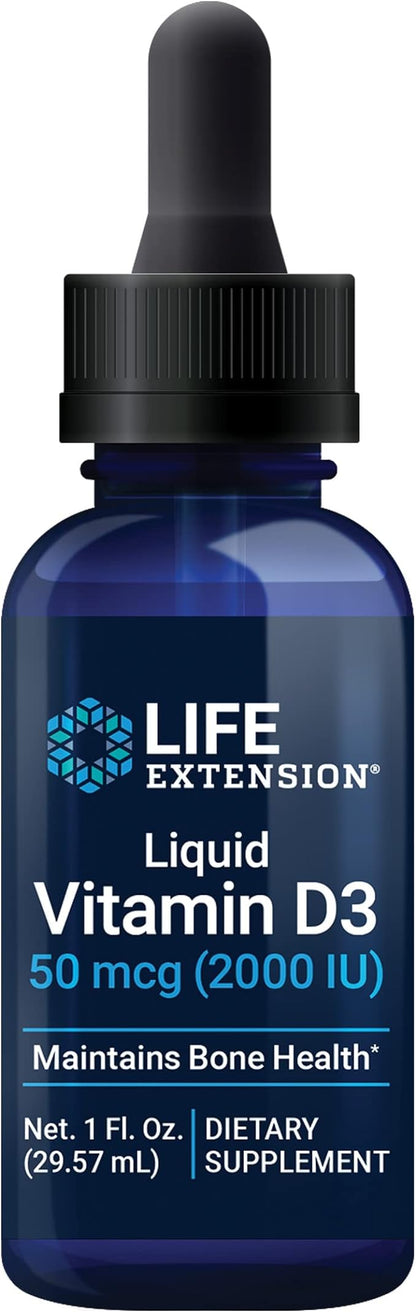 Life Extension Liquid Vitamin D3 50mcg(2000IU) - Vitamin D Supplement Unflavored Drops for Immune Support, Bone and Heart Health – Gluten-Free, Non-GMO – Net 1 fl. Oz. (29.57mL) - 850 Servings