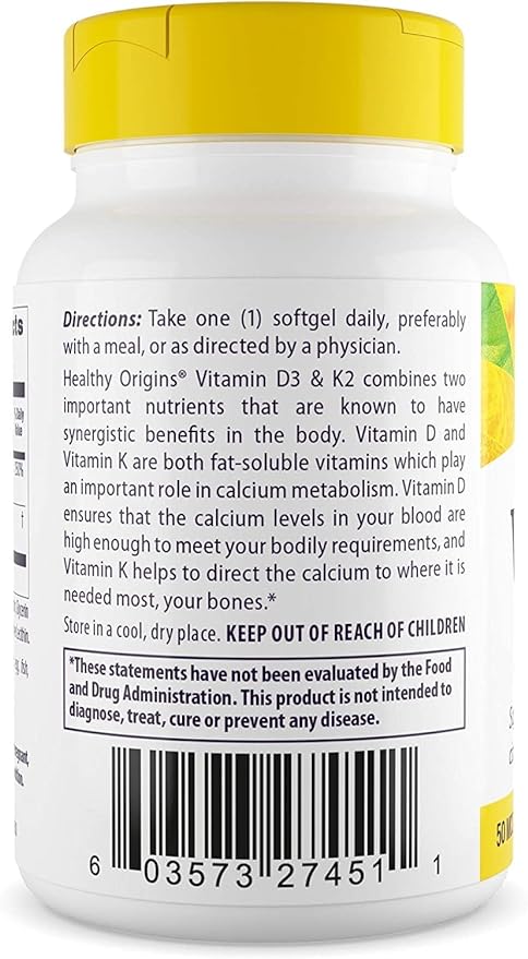 Healthy Origins Vitamin D3 & K2 - Vitamin D3, 50 mcg - Vitamin K2, 200 mcg - Easily Absorbable Vitamin D & Vitamin K Supplements - Non-GMO & Gluten-Free Supplements - 60 Softgels