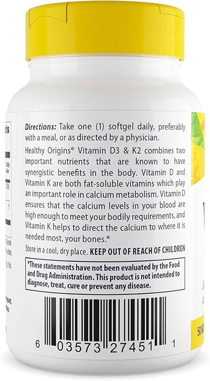 Healthy Origins Vitamin D3 & K2 - Vitamin D3, 50 mcg - Vitamin K2, 200 mcg - Easily Absorbable Vitamin D & Vitamin K Supplements - Non-GMO & Gluten-Free Supplements - 60 Softgels