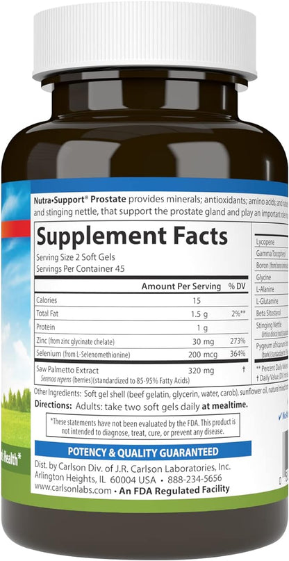 Carlson - Nutra-Support Prostate, with Saw Palmetto & Stinging Nettle, Prostate Support, Reproductive Health & Men's Health, 90 Softgels