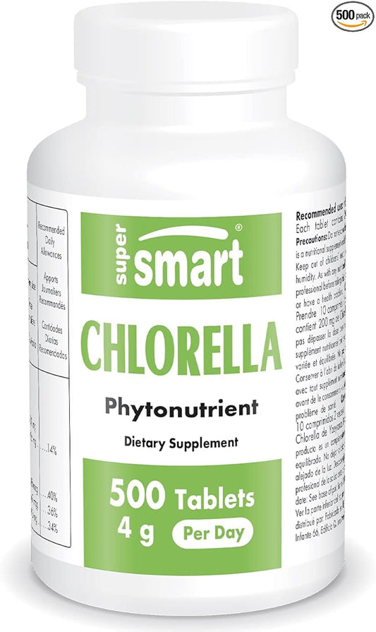 Supersmart - Chlorella 4 g Per Day - Rich in Natural Chlorophyll & Nucleic Acids - Detox Supplement & Immune System Booster | Non-GMO & Gluten Free - 500 Tablets