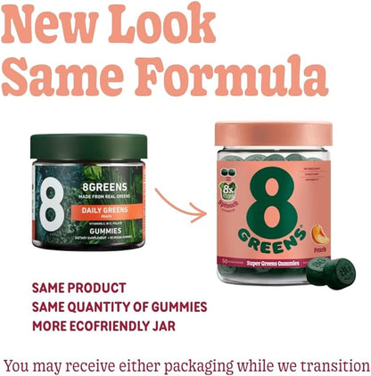 8Greens Daily Green Gummies - Superfood Booster, Energy & Immune Support, Made with Real Greens, High in Antioxidants, Greens Powder, Vitamin C, B12 - Peach Flavored, 50 Vegan Gummies, Pack of 3