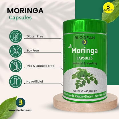 Moringa Oleifera Capsules 500mg - 60 Count |100% Pure Leaf Powder - 1 Month Supply | Nutrient-Rich Vegetarian Green Superfood, Natural & Healthy, Non GMO & Gluten Free Formula