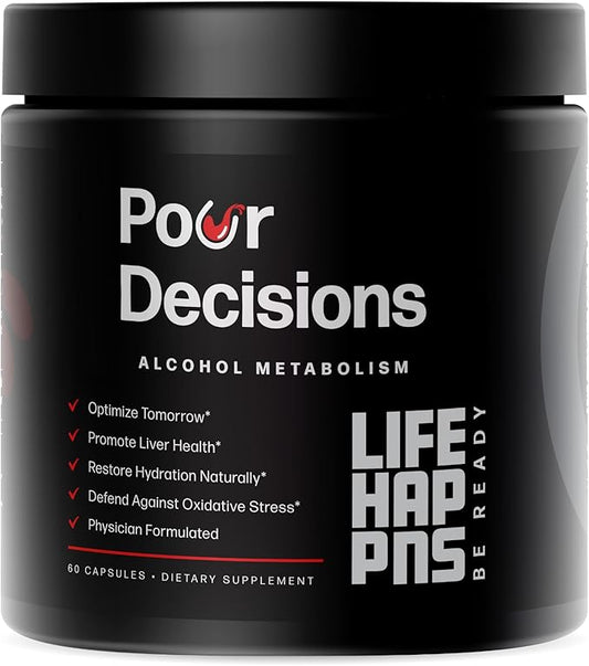 Life Happns Pour Decisions, Alcohol Metabolism Supplement, Liver Support with Milk Thistle, Vitamin B6 and Electrolyte Balance for Hydration, Better Morning and Easy Recovery, 60 Capsules