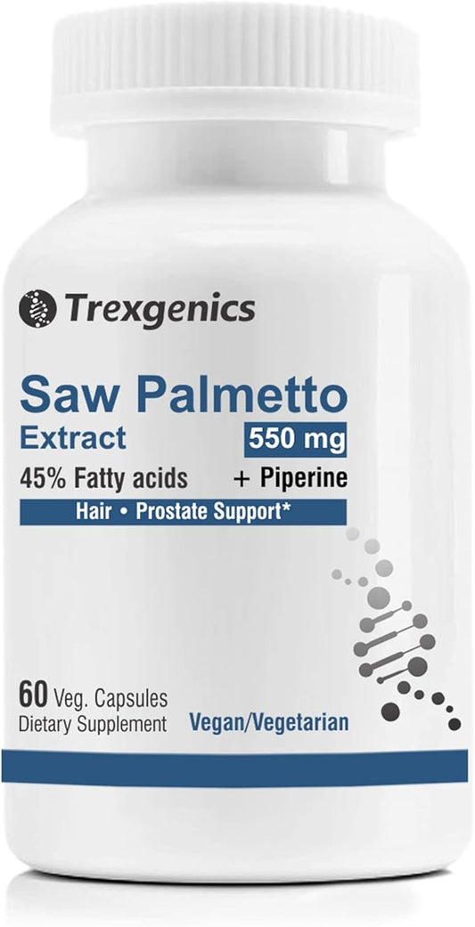 Trexgenics Saw Palmetto Advanced - High Strength 45% Complex 550 mg with Bio-Enhancer Piperine, Non-GMO, Gluten Free (60 Veg. Capsules)