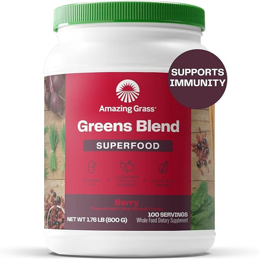 Amazing Grass Greens Superfood Powder: Greens Powder with Digestive Enzymes & Probiotics, Organic Spirulina, Chlorella, and Beet Root Powder, Berry, 100 Servings