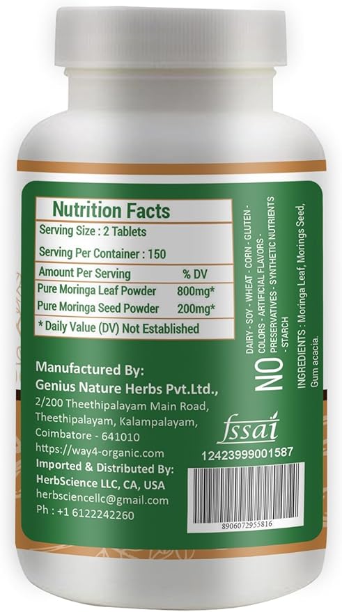 Moringa Oleifera Leaf and Seed Powder (80:20) Ratio 300 Pills(Tablets), 150 Servings, 1000 mg. Uncoated Malunggay Herbal Supplement, No Chemical Coating, Green Superfood. Pack of 2.