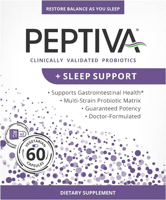 Peptiva 26 Billion CFU Probiotic and Sleep Support - Clinically Validated Multi-Strain Probiotic - Lactobacillus and Bifidobacterium, Melatonin - 60 Count