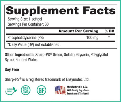 Peak Pure & Natural “Peak PS” Phosphatidylserine Brain Health Supplement - Soy-Free Nootropic for Memory Health - Supplement for Brain Health - 30 Count 100mg Softgels