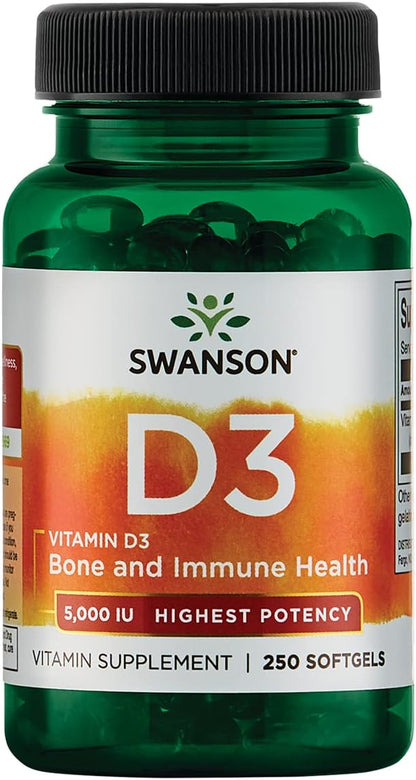 Swanson Vitamin D-3 5000 IU Bone Health Immune Support Healthy Muscle Function D3 Supplement (cholecalciferol) 125 mcg 250 Softgels Count