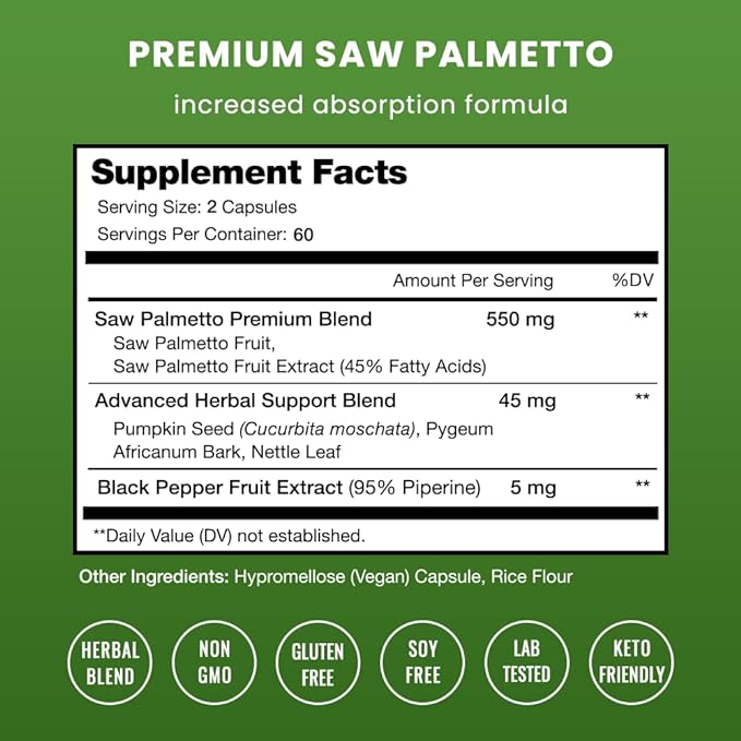 Saw Palmetto Supplement for Prostate Health [Extra Strength] 600mg Complex with Extract, Berry Powder & Herbs - Supports Healthy Urination Frequency, DHT Blocker & Hair Loss Prevention - 120 Capsules