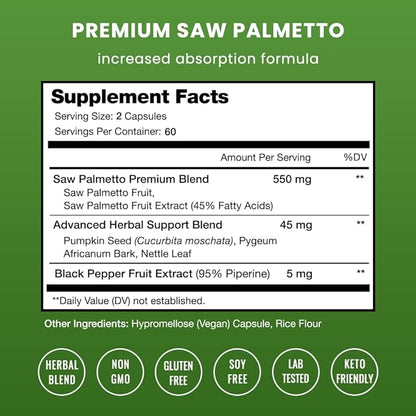 Saw Palmetto Supplement for Prostate Health [Extra Strength] 600mg Complex with Extract, Berry Powder & Herbs - Supports Healthy Urination Frequency, DHT Blocker & Hair Loss Prevention - 120 Capsules