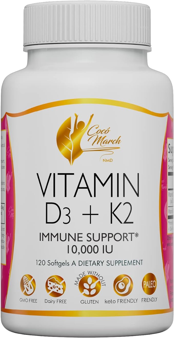 Coco March Vitamin D3+K2 10,000 IU - 4 Month Supply HIGH Potency - Immune & Joint Health Gluten Free, GMO Free, Dairy Free, Keto Friendly, Paleo Friendly, 250 mcg of D3-180 mcg of Vitamin K2