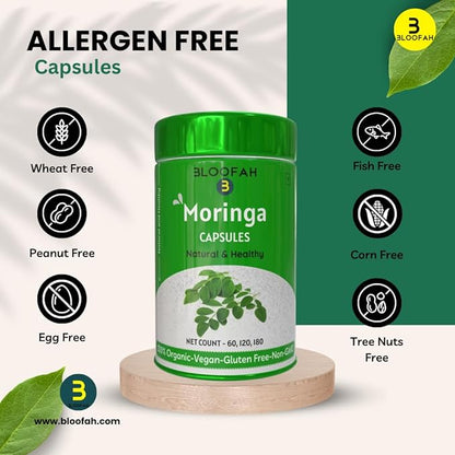 Moringa Oleifera Capsules 500mg - 60 Count |100% Pure Leaf Powder - 1 Month Supply | Nutrient-Rich Vegetarian Green Superfood, Natural & Healthy, Non GMO & Gluten Free Formula