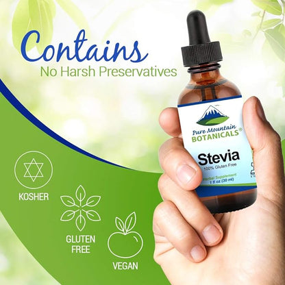 Pure Mountain Botanicals Liquid Stevia Drops - Natural Sweetener - Concentrated Sugar Free Substitute Diabetic Friendly Ideal for Keto Low Carb and Vegan Diet Great Addition to Weight Loss Program