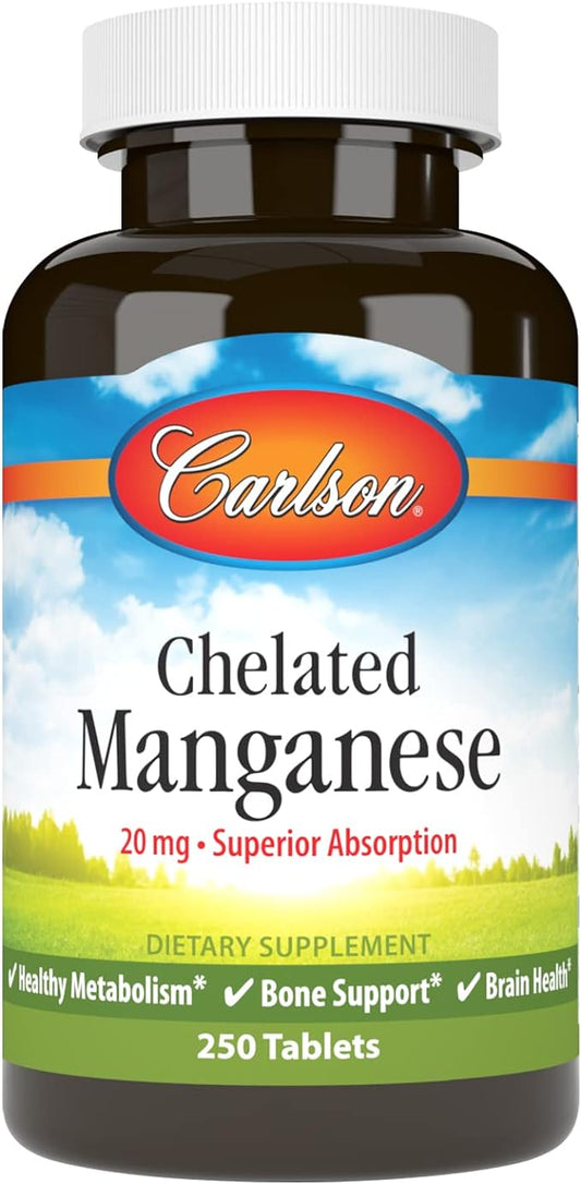 Carlson - Chelated Manganese, 20 mg - Superior Absorption, Healthy Metabolism, Bone Support & Brain Health, 250 Tablets