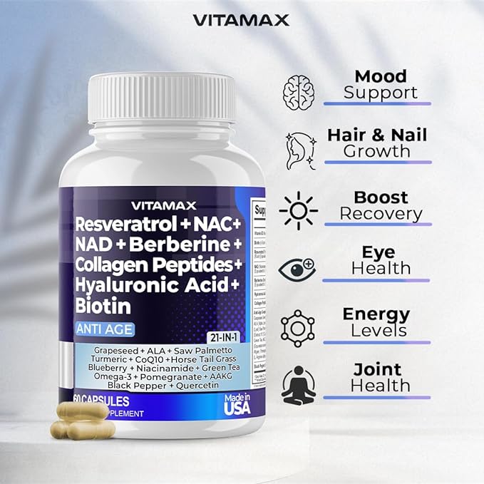 Vitamax Resveratrol NAD+ Berberine Hyaluronic Acid - Biotin Grape & Blueberry + NAC - Collagen Peptides - Hair, Nail, Skin & Joint Supplement - 21-in-1 Women and Men - Made in USA - 120 Count