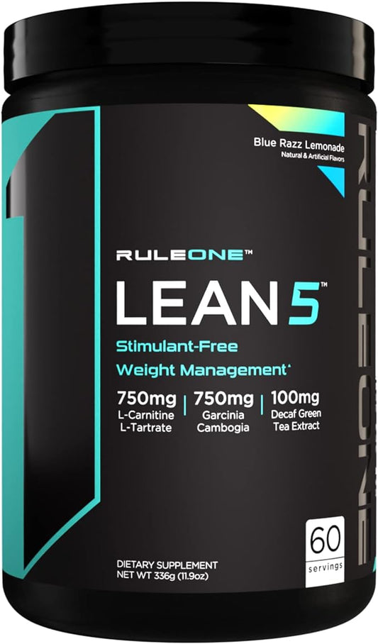 Rule 1 R1 Lean5, Blue Razz Lemonade - 11.9 oz - Stimulant-Free Formula with CLA, Garcinia Cambogia Extract & Carnitine - 60 Servings