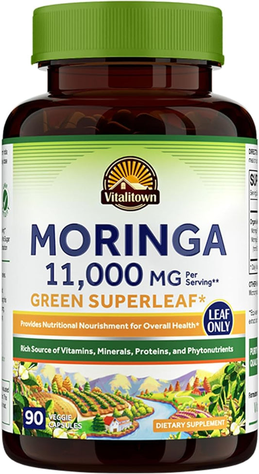 VITALITOWN Moringa Capsules 11,000 MG, Organic Moringa Supplement, Green Moringa Leaves, No Sticks, No Caffeine, Moringa Oleifera, Energy, Appetite, 90 Capsules