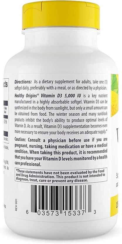 Healthy Origins Vitamin D3 (Lanolin) 5,000 IU - Bone Health and Immune Support Supplement - Easily Absorbable Vitamin D Supplements - Gluten-Free Vitamin D3 Supplement - 360 Softgels