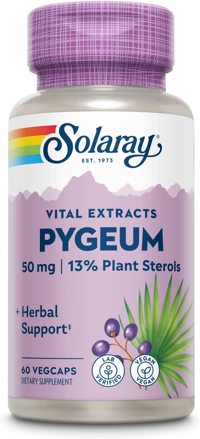 SOLARAY Pygeum Bark Extract 50mg - Pygeum Supplement for Prostate Health Support - Guaranteed to Contain 6.5mg Plant Sterols Like Beta Sitosterol, Non-GMO, Vegan, 60-Day Guarantee, 60 Serv, 60 VegCaps