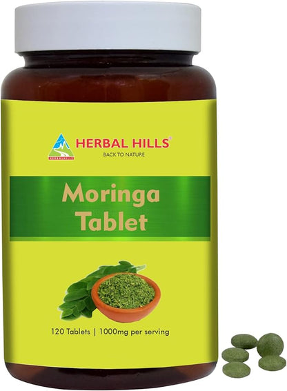 HERBAL HILLS Moringa Tablets Moringa Leaf/Shigru/Drumstick Leaf/Moringa Oleifera | 120 Count (1000 mg) | Pure Powder in a Tablet