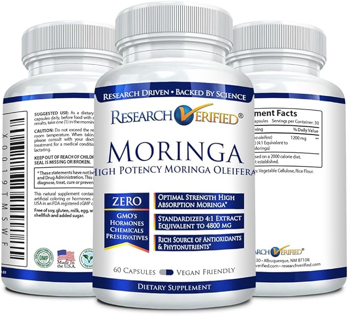 Research Verified Moringa Oleifera - 100% Pure Extract- 1200 mg Per serving - 60 Count - 3 Month Supply