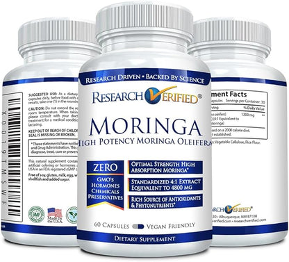 Research Verified Moringa Oleifera - 100% Pure Extract- 1200 mg Per serving - 60 Count - 3 Month Supply