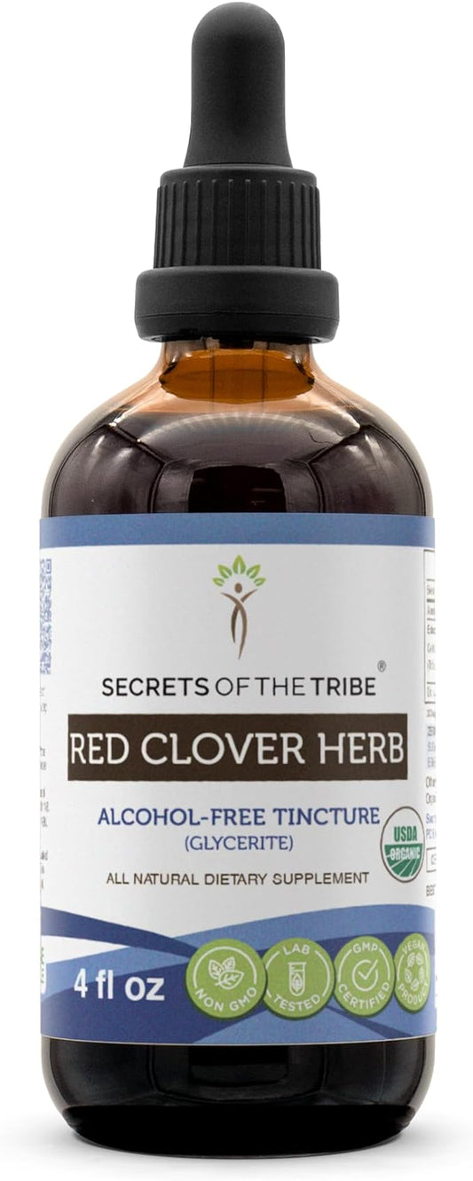 Secrets of the Tribe Red Clover Herb Alcohol-Free Liquid Extract, USDA Organic Red Clover Herb (Trifolium Pratense) Dried Leaf and Flower (4 FL OZ)