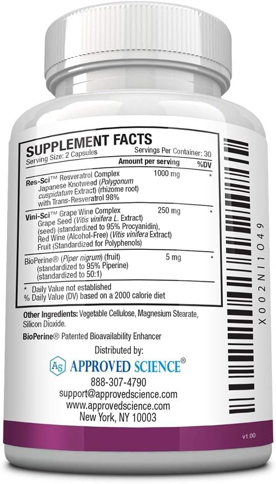 Approved Science® Resveratrol - 1000 mg of Trans Resveratrol - 250 mg of Polyphenol - 98% Purity Level - Includes Bioperine® - 380 Vegan Friendly Capsules - 2 Bottles