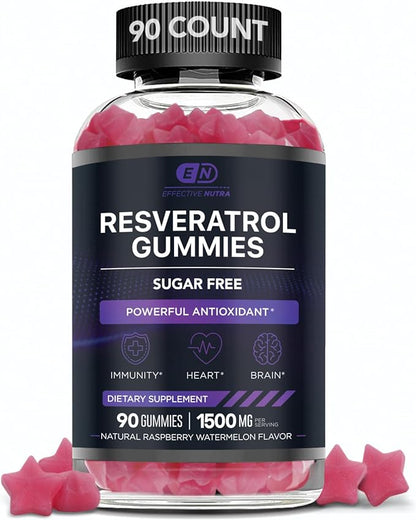 Resveratrol Gummies 1500mg - Sugar Free Resveratrol Supplement for Antioxidant Support, Immunity, Heart Health, Brain Function - Natural Raspberry Watermelon Flavor (90 Count)