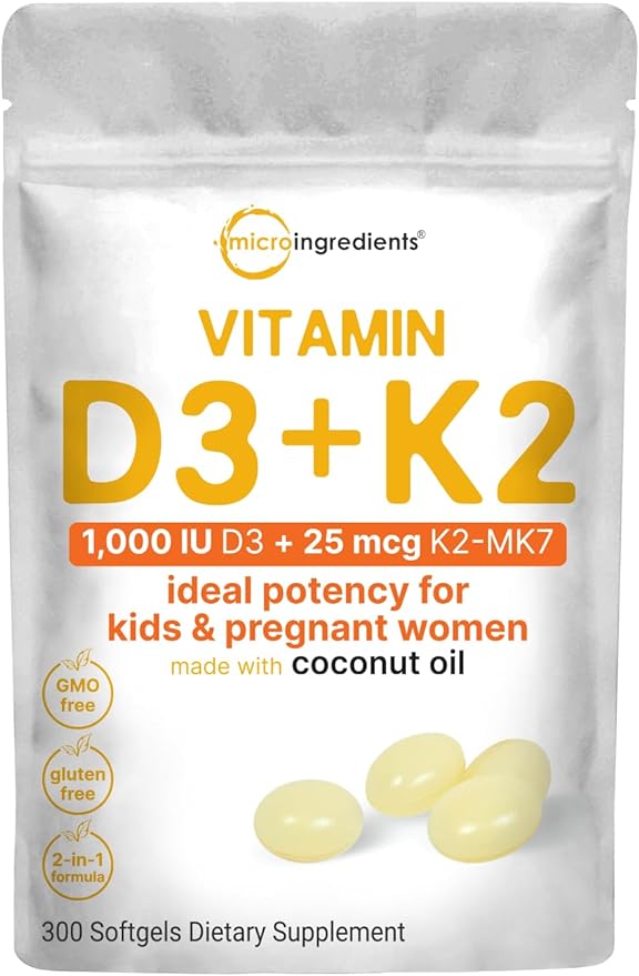 Micro Ingredients Vitamin D3 1,000 iu Plus K2 (MK-7) 25 mcg, 300 Virgin Coconut Oil Softgels | 2 in 1 Vitamins D & K Complex | Ideal Potency for Kids & Pregnant Women – Easy to Swallow