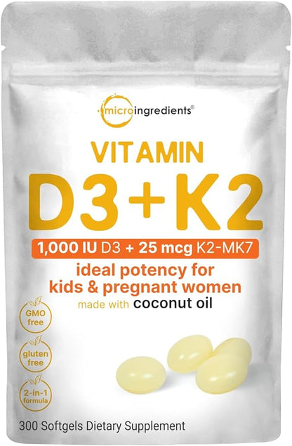 Micro Ingredients Vitamin D3 1,000 iu Plus K2 (MK-7) 25 mcg, 300 Virgin Coconut Oil Softgels | 2 in 1 Vitamins D & K Complex | Ideal Potency for Kids & Pregnant Women – Easy to Swallow