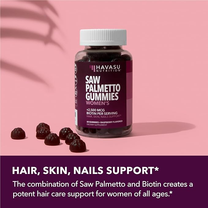 Saw Palmetto for Women + 2500 mcg Biotin Gummies | DHT Blocker and Biotin Gummies for Hair Skin and Nails | Supports Stronger Appearance of Hair for Women Post-Partum | 120 Vegan Saw Palmetto Gummies