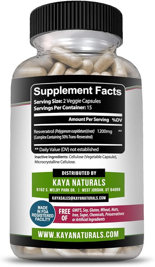 Kaya Naturals - Resveratrol Capsules - Anti Aging Supplement - Antioxidants with Brain Support - Maximum Benefits - 30 Veggies Capsules