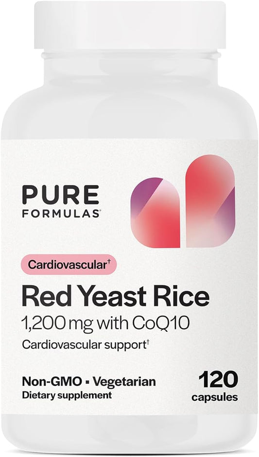 PureFormulas Red Yeast Rice with CoQ10 Red Rice Yeast for Cholesterol Circulatory Support Red Yeast Rice 1200 Mg. Capsules, Red Yeast Rice Coq10 Cholesterol Supplements 120 Capsules