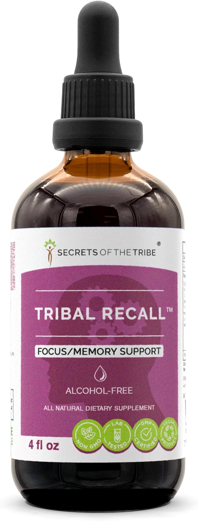 Tribal Recall Alcohol-FREE Extract, High-Potency Herbal Drops, Tincture made from Gotu Kola, Eleuthero Siberian Ginseng, Rosemary, Ashwagandha, Lemon Balm, Ginkgo Biloba. Focus/Memory Support 4 oz