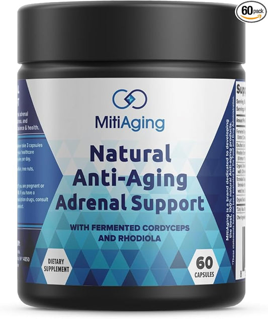 Natural Anti-Aging Adrenal Support Capsule Supplement, with Cordyceps, Siberian Ginseng, Rhodiola for Adrenal Function Support and Aging Mitigation, 60 Capsules