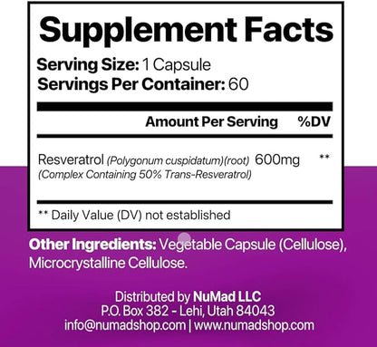 Resveratrol 600Mg per Capsule - 60 Capsules, up to 1800mg per Serving