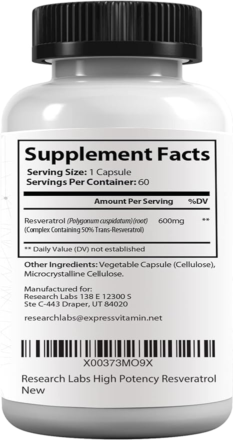 Research Labs High Potency Micronized Resveratrol Supplement 2 Fer 1 Ad - Potent Antioxidants Supplement, Trans Resveratrol for Heart Health, Promotes Anti Aging & Cognitive Support