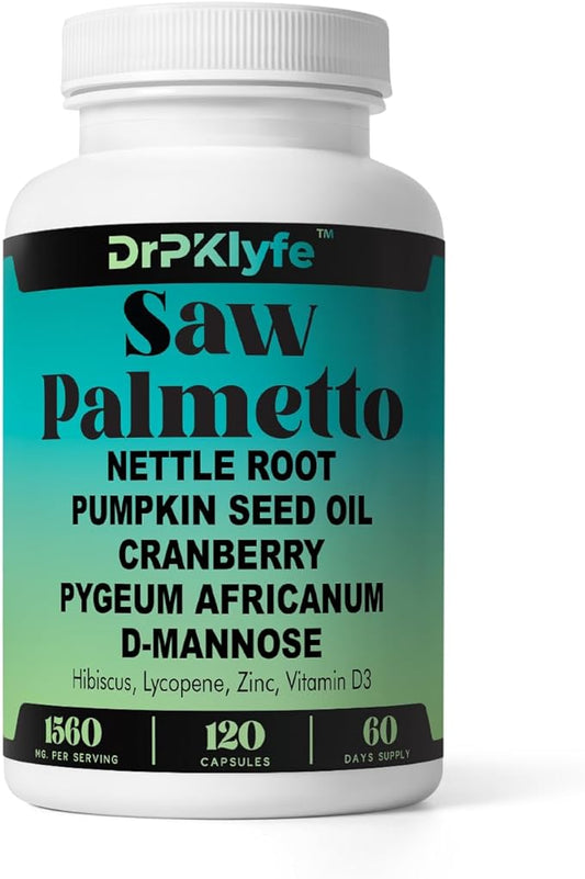 Saw Palmetto Herbal Capsule Complex with Nettle Root, Pumpkin Seed Oil, Cranberry, Pygeum Africanum and D- Mannose- 1560 mg – Bladder and Prostate Health.