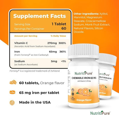 Chewable Iron 65 mg with Vitamin C 270 mg - Tablet in Orange Flavor 60 Count x 2 Bottles (Twin Pack)