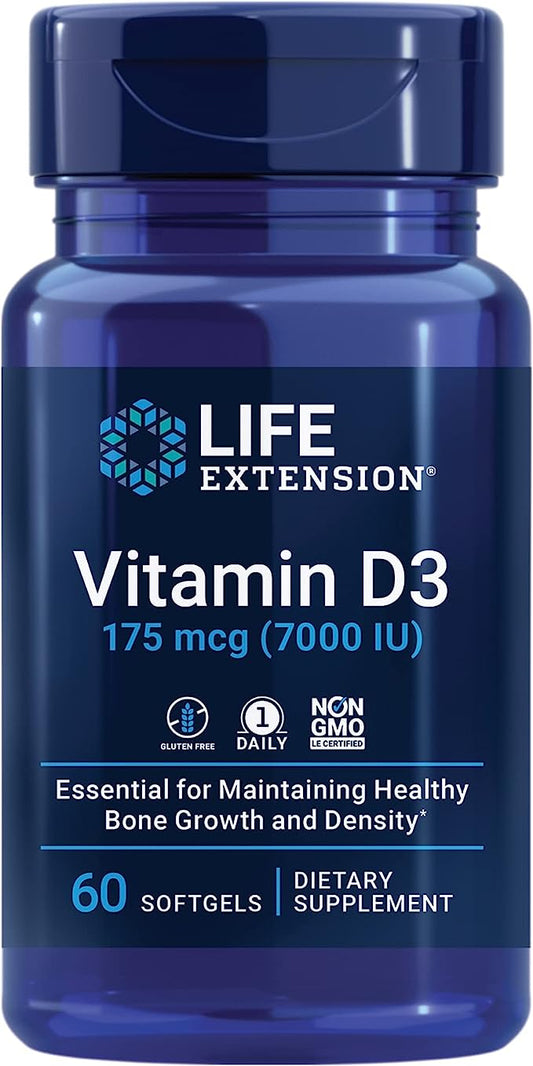 Life Extension Vitamin D3 175 mcg (7000 IU), immune system support, bone health, brain performance, gluten-free, non-GMO, once daily, two-month supply, 60 softgels